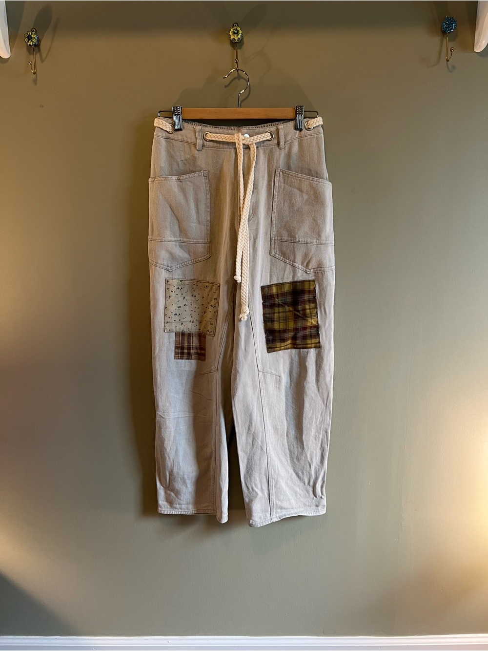 Oddi Light Beige Patchwork Drawstring Pants.
